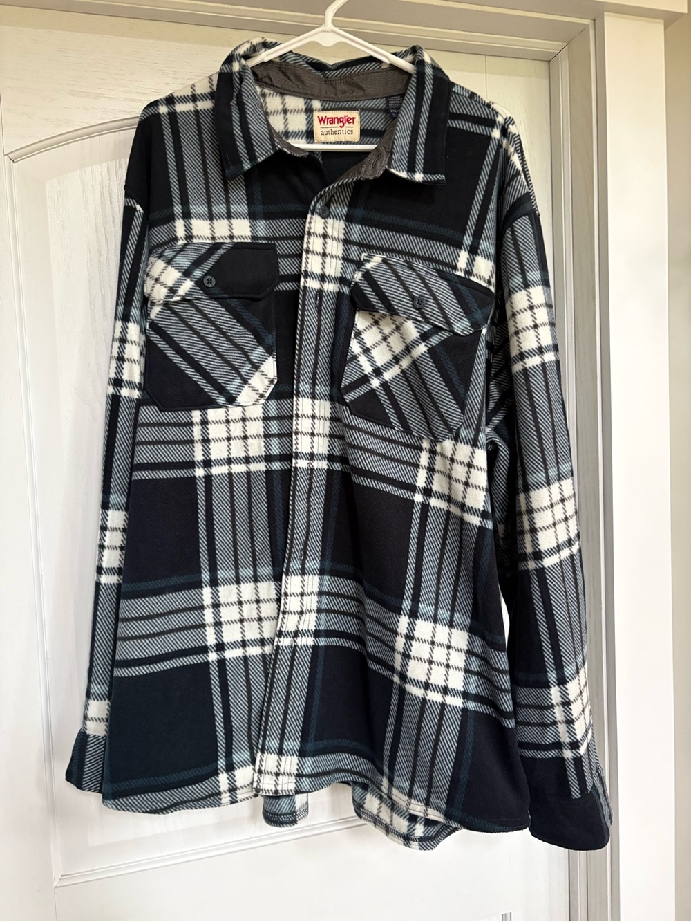 Wrangler Navy and White Plaid Fleece-Lined Shirt Jacket